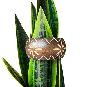 Hand Carved Wood Bangle Floral Star Inlay Boho Artisan Ethnic Tribal Bracelet